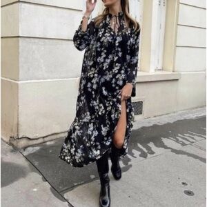 Blue Floral Sleeved Maxi Dress H&M